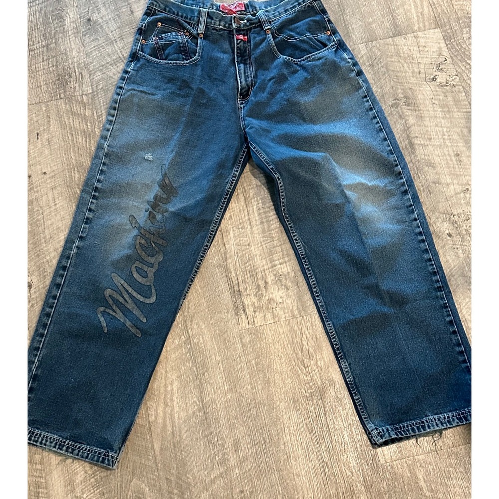 Machine Jeans Co Mens 34x32 Relaxed Fit Graphic Blue Denim Skater Y2K Jeans
